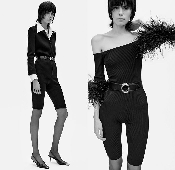Saint Laurent 2021 Spring Summer Womens Lookbook - Turtleneck Sheer Tulle Chiffon Blouse PVC Vinyl Trench Coat Aviator Jacketdress Pinstripe Blazer Lace Embroidery Lingerie Pantsuit Tweed Scarf Ribbed Knit Bedazzled Sequins Onesie Romper Combishorts Jumpsuit Coveralls Strapless Bird Feathers Plumage Pussycat Bow Cape Poncho Dress Ruffles Flowers Floral Bell Sleeves Fur Chain Halterneck Cycling Bike Compression Shorts Hotpants Panties Tights Leggings Fanny Pack Pouch Belt Bum Bag 
