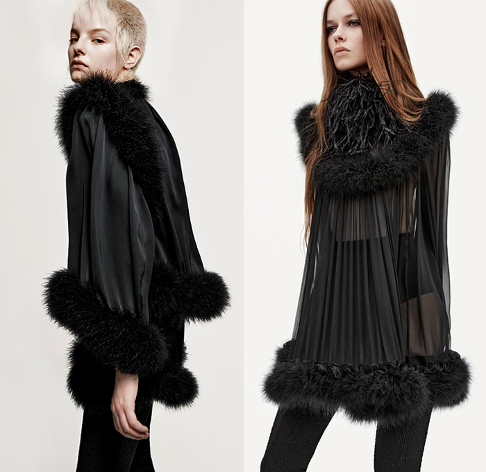 Saint Laurent 2021 Spring Summer Womens Lookbook - Turtleneck Sheer Tulle Chiffon Blouse PVC Vinyl Trench Coat Aviator Jacketdress Pinstripe Blazer Lace Embroidery Lingerie Pantsuit Tweed Scarf Ribbed Knit Bedazzled Sequins Onesie Romper Combishorts Jumpsuit Coveralls Strapless Bird Feathers Plumage Pussycat Bow Cape Poncho Dress Ruffles Flowers Floral Bell Sleeves Fur Chain Halterneck Cycling Bike Compression Shorts Hotpants Panties Tights Leggings Fanny Pack Pouch Belt Bum Bag 