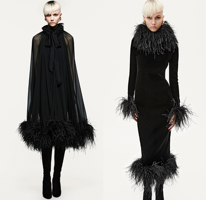 Saint Laurent 2021 Spring Summer Womens Lookbook - Turtleneck Sheer Tulle Chiffon Blouse PVC Vinyl Trench Coat Aviator Jacketdress Pinstripe Blazer Lace Embroidery Lingerie Pantsuit Tweed Scarf Ribbed Knit Bedazzled Sequins Onesie Romper Combishorts Jumpsuit Coveralls Strapless Bird Feathers Plumage Pussycat Bow Cape Poncho Dress Ruffles Flowers Floral Bell Sleeves Fur Chain Halterneck Cycling Bike Compression Shorts Hotpants Panties Tights Leggings Fanny Pack Pouch Belt Bum Bag 