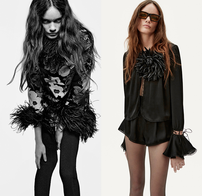 Saint Laurent 2021 Spring Summer Womens Lookbook - Turtleneck Sheer Tulle Chiffon Blouse PVC Vinyl Trench Coat Aviator Jacketdress Pinstripe Blazer Lace Embroidery Lingerie Pantsuit Tweed Scarf Ribbed Knit Bedazzled Sequins Onesie Romper Combishorts Jumpsuit Coveralls Strapless Bird Feathers Plumage Pussycat Bow Cape Poncho Dress Ruffles Flowers Floral Bell Sleeves Fur Chain Halterneck Cycling Bike Compression Shorts Hotpants Panties Tights Leggings Fanny Pack Pouch Belt Bum Bag 