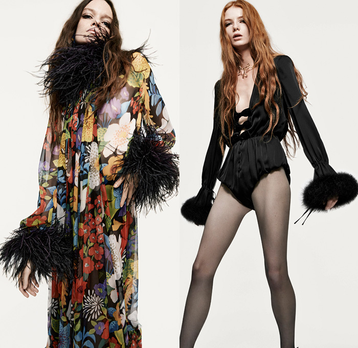 Saint Laurent 2021 Spring Summer Womens Lookbook - Turtleneck Sheer Tulle Chiffon Blouse PVC Vinyl Trench Coat Aviator Jacketdress Pinstripe Blazer Lace Embroidery Lingerie Pantsuit Tweed Scarf Ribbed Knit Bedazzled Sequins Onesie Romper Combishorts Jumpsuit Coveralls Strapless Bird Feathers Plumage Pussycat Bow Cape Poncho Dress Ruffles Flowers Floral Bell Sleeves Fur Chain Halterneck Cycling Bike Compression Shorts Hotpants Panties Tights Leggings Fanny Pack Pouch Belt Bum Bag 
