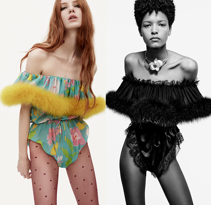 Saint Laurent 2021 Spring Summer Womens Lookbook - Turtleneck Sheer Tulle Chiffon Blouse PVC Vinyl Trench Coat Aviator Jacketdress Pinstripe Blazer Lace Embroidery Lingerie Pantsuit Tweed Scarf Ribbed Knit Bedazzled Sequins Onesie Romper Combishorts Jumpsuit Coveralls Strapless Bird Feathers Plumage Pussycat Bow Cape Poncho Dress Ruffles Flowers Floral Bell Sleeves Fur Chain Halterneck Cycling Bike Compression Shorts Hotpants Panties Tights Leggings Fanny Pack Pouch Belt Bum Bag 