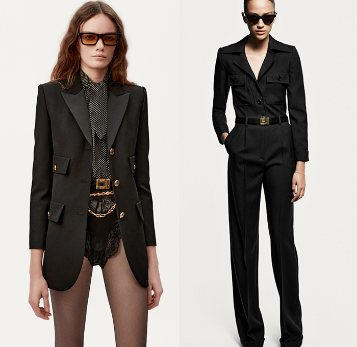 Saint Laurent 2021 Spring Summer Womens Lookbook - Turtleneck Sheer Tulle Chiffon Blouse PVC Vinyl Trench Coat Aviator Jacketdress Pinstripe Blazer Lace Embroidery Lingerie Pantsuit Tweed Scarf Ribbed Knit Bedazzled Sequins Onesie Romper Combishorts Jumpsuit Coveralls Strapless Bird Feathers Plumage Pussycat Bow Cape Poncho Dress Ruffles Flowers Floral Bell Sleeves Fur Chain Halterneck Cycling Bike Compression Shorts Hotpants Panties Tights Leggings Fanny Pack Pouch Belt Bum Bag 