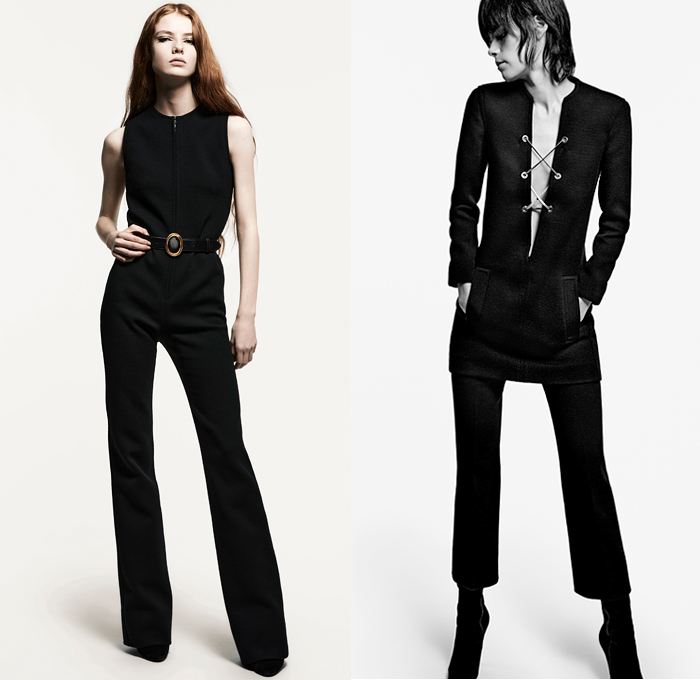 Saint Laurent 2021 Spring Summer Womens Lookbook - Turtleneck Sheer Tulle Chiffon Blouse PVC Vinyl Trench Coat Aviator Jacketdress Pinstripe Blazer Lace Embroidery Lingerie Pantsuit Tweed Scarf Ribbed Knit Bedazzled Sequins Onesie Romper Combishorts Jumpsuit Coveralls Strapless Bird Feathers Plumage Pussycat Bow Cape Poncho Dress Ruffles Flowers Floral Bell Sleeves Fur Chain Halterneck Cycling Bike Compression Shorts Hotpants Panties Tights Leggings Fanny Pack Pouch Belt Bum Bag 