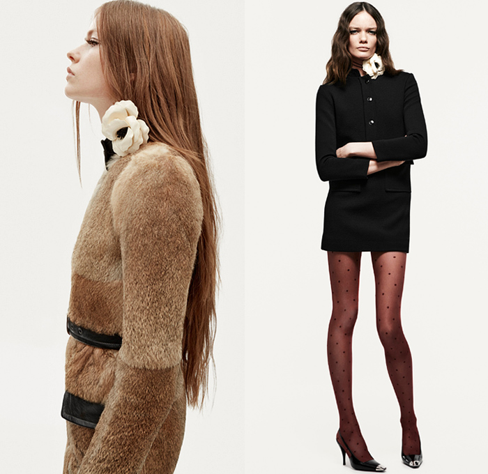 Saint Laurent 2021 Spring Summer Womens Lookbook - Turtleneck Sheer Tulle Chiffon Blouse PVC Vinyl Trench Coat Aviator Jacketdress Pinstripe Blazer Lace Embroidery Lingerie Pantsuit Tweed Scarf Ribbed Knit Bedazzled Sequins Onesie Romper Combishorts Jumpsuit Coveralls Strapless Bird Feathers Plumage Pussycat Bow Cape Poncho Dress Ruffles Flowers Floral Bell Sleeves Fur Chain Halterneck Cycling Bike Compression Shorts Hotpants Panties Tights Leggings Fanny Pack Pouch Belt Bum Bag 