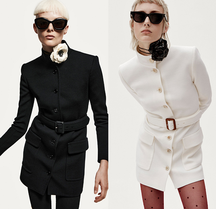 Saint Laurent 2021 Spring Summer Womens Lookbook - Turtleneck Sheer Tulle Chiffon Blouse PVC Vinyl Trench Coat Aviator Jacketdress Pinstripe Blazer Lace Embroidery Lingerie Pantsuit Tweed Scarf Ribbed Knit Bedazzled Sequins Onesie Romper Combishorts Jumpsuit Coveralls Strapless Bird Feathers Plumage Pussycat Bow Cape Poncho Dress Ruffles Flowers Floral Bell Sleeves Fur Chain Halterneck Cycling Bike Compression Shorts Hotpants Panties Tights Leggings Fanny Pack Pouch Belt Bum Bag 