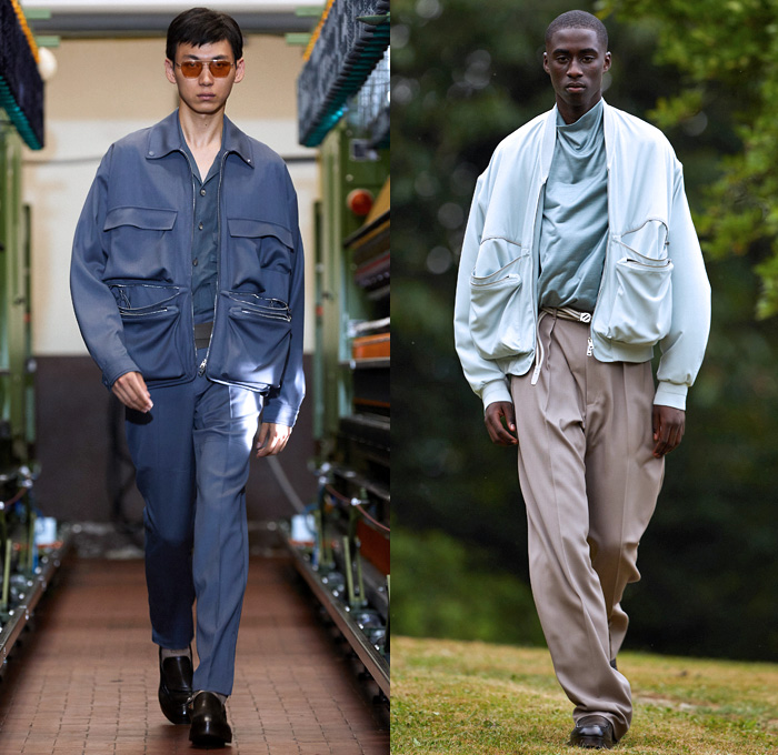 Ermenegildo Zegna 2021 Spring Summer Mens Runway Looks - Milan Digital Fashion Week Uomo - Alessandro Sartori - Oasi Zegna Forest Nature Reserve Heritage - Carabus Blue Clay Slate Suit Single Button Blazer Coat Bomber Jacket Silk Funnelneck Big Cargo Flap Pockets Boxy Stripes Scarf Sunglasses Banded Collar Loungewear Slouchy Baggy Tapered Pants Trousers Knit Mesh Holes Sweater Tie-Dye Shirt Double Belt Shorts Pouch Kimono Robe Sling Pack Bag Tote