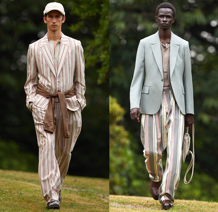 Ermenegildo Zegna 2021 Spring Summer Mens Runway Looks - Milan Digital Fashion Week Uomo - Alessandro Sartori - Oasi Zegna Forest Nature Reserve Heritage - Carabus Blue Clay Slate Suit Single Button Blazer Coat Bomber Jacket Silk Funnelneck Big Cargo Flap Pockets Boxy Stripes Scarf Sunglasses Banded Collar Loungewear Slouchy Baggy Tapered Pants Trousers Knit Mesh Holes Sweater Tie-Dye Shirt Double Belt Shorts Pouch Kimono Robe Sling Pack Bag Tote