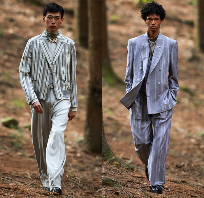 Ermenegildo Zegna 2021 Spring Summer Mens Runway Looks - Milan Digital Fashion Week Uomo - Alessandro Sartori - Oasi Zegna Forest Nature Reserve Heritage - Carabus Blue Clay Slate Suit Single Button Blazer Coat Bomber Jacket Silk Funnelneck Big Cargo Flap Pockets Boxy Stripes Scarf Sunglasses Banded Collar Loungewear Slouchy Baggy Tapered Pants Trousers Knit Mesh Holes Sweater Tie-Dye Shirt Double Belt Shorts Pouch Kimono Robe Sling Pack Bag Tote