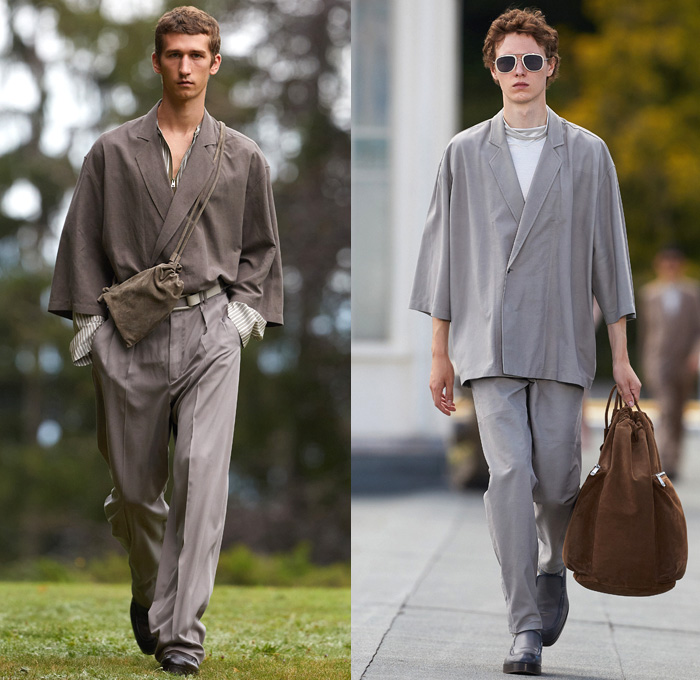 Ermenegildo Zegna 2021 Spring Summer Mens Runway Looks - Milan Digital Fashion Week Uomo - Alessandro Sartori - Oasi Zegna Forest Nature Reserve Heritage - Carabus Blue Clay Slate Suit Single Button Blazer Coat Bomber Jacket Silk Funnelneck Big Cargo Flap Pockets Boxy Stripes Scarf Sunglasses Banded Collar Loungewear Slouchy Baggy Tapered Pants Trousers Knit Mesh Holes Sweater Tie-Dye Shirt Double Belt Shorts Pouch Kimono Robe Sling Pack Bag Tote
