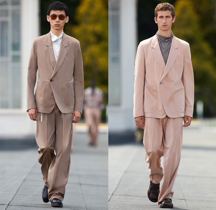 Ermenegildo Zegna 2021 Spring Summer Mens Runway Looks - Milan Digital Fashion Week Uomo - Alessandro Sartori - Oasi Zegna Forest Nature Reserve Heritage - Carabus Blue Clay Slate Suit Single Button Blazer Coat Bomber Jacket Silk Funnelneck Big Cargo Flap Pockets Boxy Stripes Scarf Sunglasses Banded Collar Loungewear Slouchy Baggy Tapered Pants Trousers Knit Mesh Holes Sweater Tie-Dye Shirt Double Belt Shorts Pouch Kimono Robe Sling Pack Bag Tote