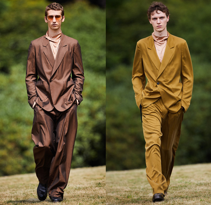 Ermenegildo Zegna 2021 Spring Summer Mens Runway Looks - Milan Digital Fashion Week Uomo - Alessandro Sartori - Oasi Zegna Forest Nature Reserve Heritage - Carabus Blue Clay Slate Suit Single Button Blazer Coat Bomber Jacket Silk Funnelneck Big Cargo Flap Pockets Boxy Stripes Scarf Sunglasses Banded Collar Loungewear Slouchy Baggy Tapered Pants Trousers Knit Mesh Holes Sweater Tie-Dye Shirt Double Belt Shorts Pouch Kimono Robe Sling Pack Bag Tote