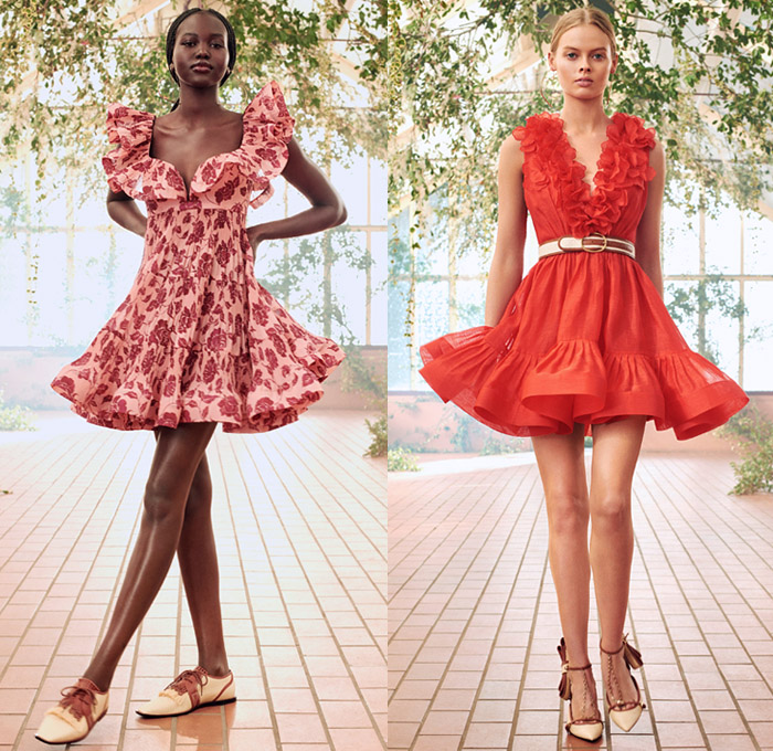 Zimmermann 2021 Resort Cruise Pre-Spring Womens Lookbook Presentation - & Lovestruck Lace Mesh Embroidery Flowers Floral Leaves Decorative Art Stripes Polka Dots Midi Mini Gown Babydoll Peasant Prairie Dress Leather Raffia Silk Twill Headscarf Tiara Crown Rope Hem Blouse Skirt Crop Top Midriff Bodice Tiered Ruffles Kimono Wrap Sheer Tulle Tie Up Cutout Waist Scribbles Pantsuit Sailor Pants Crossbody Heart Bag Bow Wedge Golf Shoes Panama Hat