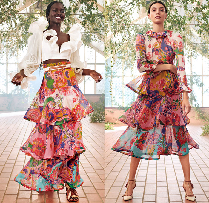 Zimmermann 2021 Resort Cruise Pre-Spring Womens Lookbook Presentation - & Lovestruck Lace Mesh Embroidery Flowers Floral Leaves Decorative Art Stripes Polka Dots Midi Mini Gown Babydoll Peasant Prairie Dress Leather Raffia Silk Twill Headscarf Tiara Crown Rope Hem Blouse Skirt Crop Top Midriff Bodice Tiered Ruffles Kimono Wrap Sheer Tulle Tie Up Cutout Waist Scribbles Pantsuit Sailor Pants Crossbody Heart Bag Bow Wedge Golf Shoes Panama Hat