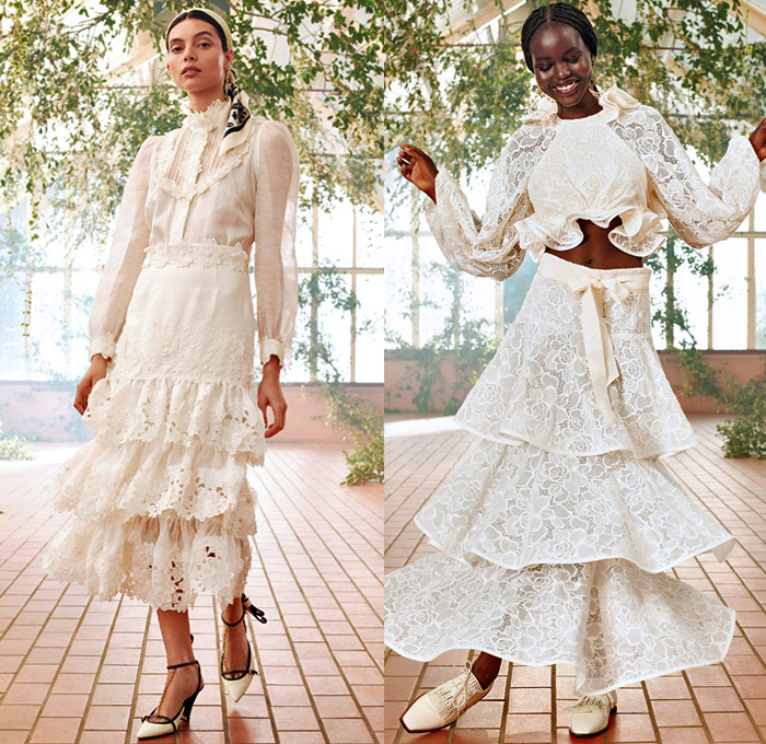 Zimmermann 2021 Resort Cruise Pre-Spring Womens Lookbook Presentation - & Lovestruck Lace Mesh Embroidery Flowers Floral Leaves Decorative Art Stripes Polka Dots Midi Mini Gown Babydoll Peasant Prairie Dress Leather Raffia Silk Twill Headscarf Tiara Crown Rope Hem Blouse Skirt Crop Top Midriff Bodice Tiered Ruffles Kimono Wrap Sheer Tulle Tie Up Cutout Waist Scribbles Pantsuit Sailor Pants Crossbody Heart Bag Bow Wedge Golf Shoes Panama Hat