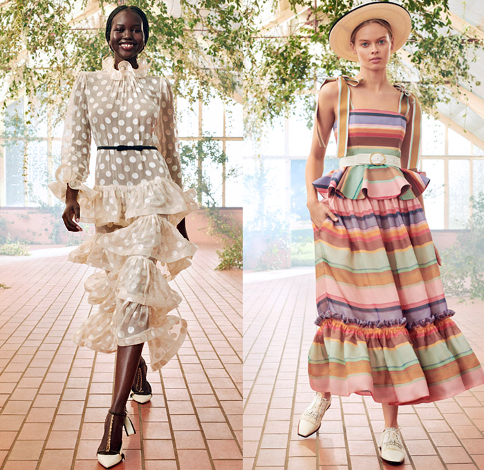 Zimmermann 2021 Resort Cruise Pre-Spring Womens Lookbook Presentation - & Lovestruck Lace Mesh Embroidery Flowers Floral Leaves Decorative Art Stripes Polka Dots Midi Mini Gown Babydoll Peasant Prairie Dress Leather Raffia Silk Twill Headscarf Tiara Crown Rope Hem Blouse Skirt Crop Top Midriff Bodice Tiered Ruffles Kimono Wrap Sheer Tulle Tie Up Cutout Waist Scribbles Pantsuit Sailor Pants Crossbody Heart Bag Bow Wedge Golf Shoes Panama Hat