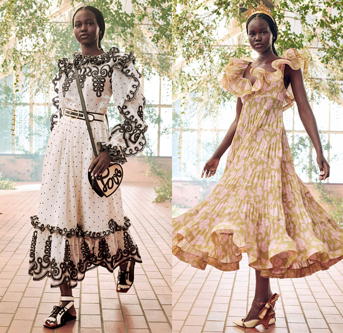 Zimmermann 2021 Resort Cruise Pre-Spring Womens Lookbook Presentation - & Lovestruck Lace Mesh Embroidery Flowers Floral Leaves Decorative Art Stripes Polka Dots Midi Mini Gown Babydoll Peasant Prairie Dress Leather Raffia Silk Twill Headscarf Tiara Crown Rope Hem Blouse Skirt Crop Top Midriff Bodice Tiered Ruffles Kimono Wrap Sheer Tulle Tie Up Cutout Waist Scribbles Pantsuit Sailor Pants Crossbody Heart Bag Bow Wedge Golf Shoes Panama Hat