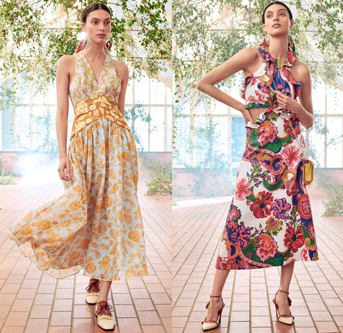 Zimmermann 2021 Resort Cruise Pre-Spring Womens Lookbook Presentation - & Lovestruck Lace Mesh Embroidery Flowers Floral Leaves Decorative Art Stripes Polka Dots Midi Mini Gown Babydoll Peasant Prairie Dress Leather Raffia Silk Twill Headscarf Tiara Crown Rope Hem Blouse Skirt Crop Top Midriff Bodice Tiered Ruffles Kimono Wrap Sheer Tulle Tie Up Cutout Waist Scribbles Pantsuit Sailor Pants Crossbody Heart Bag Bow Wedge Golf Shoes Panama Hat