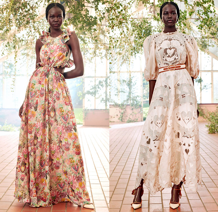 Zimmermann 2021 Resort Cruise Pre-Spring Womens Lookbook Presentation - & Lovestruck Lace Mesh Embroidery Flowers Floral Leaves Decorative Art Stripes Polka Dots Midi Mini Gown Babydoll Peasant Prairie Dress Leather Raffia Silk Twill Headscarf Tiara Crown Rope Hem Blouse Skirt Crop Top Midriff Bodice Tiered Ruffles Kimono Wrap Sheer Tulle Tie Up Cutout Waist Scribbles Pantsuit Sailor Pants Crossbody Heart Bag Bow Wedge Golf Shoes Panama Hat