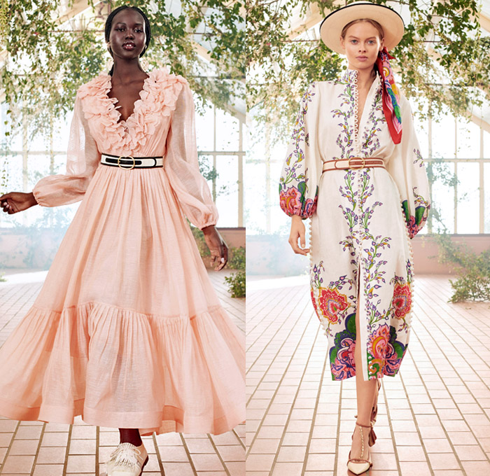 Zimmermann 2021 Resort Cruise Pre-Spring Womens Lookbook Presentation - & Lovestruck Lace Mesh Embroidery Flowers Floral Leaves Decorative Art Stripes Polka Dots Midi Mini Gown Babydoll Peasant Prairie Dress Leather Raffia Silk Twill Headscarf Tiara Crown Rope Hem Blouse Skirt Crop Top Midriff Bodice Tiered Ruffles Kimono Wrap Sheer Tulle Tie Up Cutout Waist Scribbles Pantsuit Sailor Pants Crossbody Heart Bag Bow Wedge Golf Shoes Panama Hat