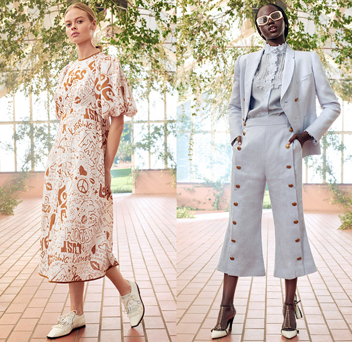 Zimmermann 2021 Resort Cruise Pre-Spring Womens Lookbook Presentation - & Lovestruck Lace Mesh Embroidery Flowers Floral Leaves Decorative Art Stripes Polka Dots Midi Mini Gown Babydoll Peasant Prairie Dress Leather Raffia Silk Twill Headscarf Tiara Crown Rope Hem Blouse Skirt Crop Top Midriff Bodice Tiered Ruffles Kimono Wrap Sheer Tulle Tie Up Cutout Waist Scribbles Pantsuit Sailor Pants Crossbody Heart Bag Bow Wedge Golf Shoes Panama Hat