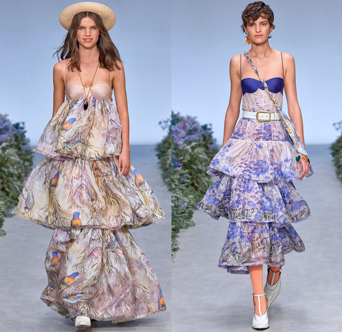 Zimmermann 2021 Spring Summer Womens Runway Catwalk Looks - Wild Botanica Straw Hat Noodle Strap Lace Lingerie Intimates Blouse Babydoll Prairie Dress Gown Flowers Floral Petals Plants Birds Butterflies Trompe L'oeil Lasercut Tiered Peplum Patchwork Strong Poufy Shoulders Puff Sleeves Leg O'Mutton Turtleneck Ruffles Halterneck Cutout Waist Long Skirt Crop Top Midriff Knit Crochet Pompoms Fringes Miniskirt Wide Leg Flare Shorts Crossbody Bag Scarf Boots