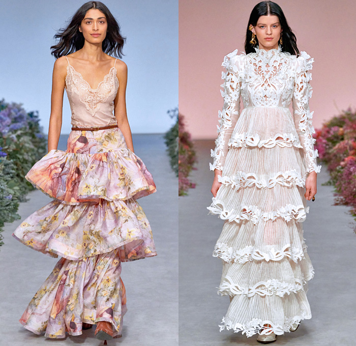 Zimmermann 2021 Spring Summer Womens Runway Catwalk Looks - Wild Botanica Straw Hat Noodle Strap Lace Lingerie Intimates Blouse Babydoll Prairie Dress Gown Flowers Floral Petals Plants Birds Butterflies Trompe L'oeil Lasercut Tiered Peplum Patchwork Strong Poufy Shoulders Puff Sleeves Leg O'Mutton Turtleneck Ruffles Halterneck Cutout Waist Long Skirt Crop Top Midriff Knit Crochet Pompoms Fringes Miniskirt Wide Leg Flare Shorts Crossbody Bag Scarf Boots