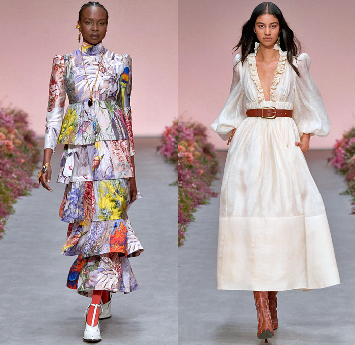 Zimmermann 2021 Spring Summer Womens Runway Catwalk Looks - Wild Botanica Straw Hat Noodle Strap Lace Lingerie Intimates Blouse Babydoll Prairie Dress Gown Flowers Floral Petals Plants Birds Butterflies Trompe L'oeil Lasercut Tiered Peplum Patchwork Strong Poufy Shoulders Puff Sleeves Leg O'Mutton Turtleneck Ruffles Halterneck Cutout Waist Long Skirt Crop Top Midriff Knit Crochet Pompoms Fringes Miniskirt Wide Leg Flare Shorts Crossbody Bag Scarf Boots