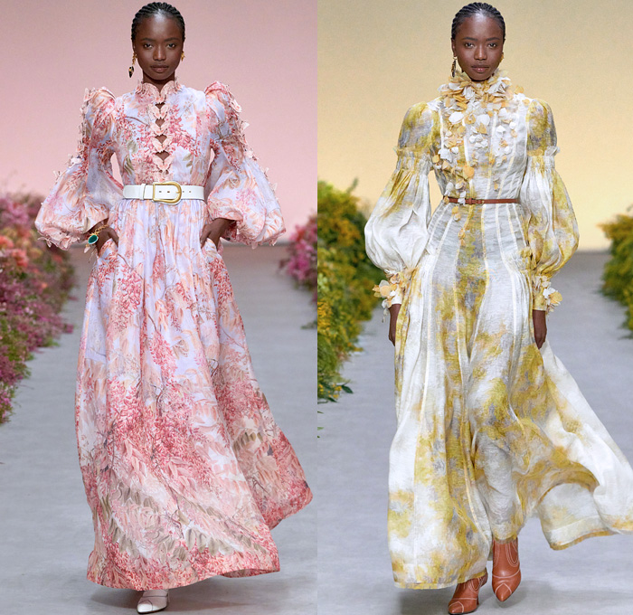 Zimmermann 2021 Spring Summer Womens Runway Catwalk Looks - Wild Botanica Straw Hat Noodle Strap Lace Lingerie Intimates Blouse Babydoll Prairie Dress Gown Flowers Floral Petals Plants Birds Butterflies Trompe L'oeil Lasercut Tiered Peplum Patchwork Strong Poufy Shoulders Puff Sleeves Leg O'Mutton Turtleneck Ruffles Halterneck Cutout Waist Long Skirt Crop Top Midriff Knit Crochet Pompoms Fringes Miniskirt Wide Leg Flare Shorts Crossbody Bag Scarf Boots