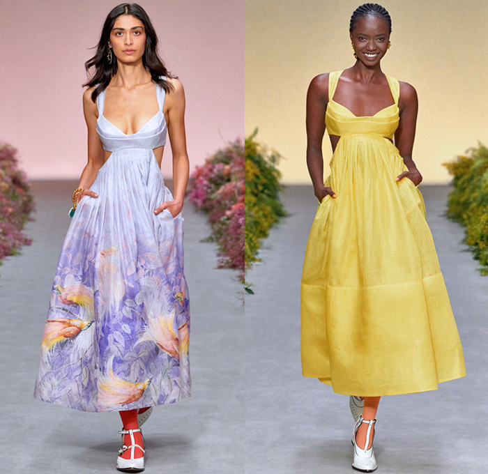 Zimmermann 2021 Spring Summer Womens Runway Catwalk Looks - Wild Botanica Straw Hat Noodle Strap Lace Lingerie Intimates Blouse Babydoll Prairie Dress Gown Flowers Floral Petals Plants Birds Butterflies Trompe L'oeil Lasercut Tiered Peplum Patchwork Strong Poufy Shoulders Puff Sleeves Leg O'Mutton Turtleneck Ruffles Halterneck Cutout Waist Long Skirt Crop Top Midriff Knit Crochet Pompoms Fringes Miniskirt Wide Leg Flare Shorts Crossbody Bag Scarf Boots