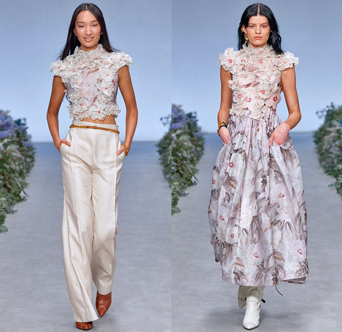 Zimmermann 2021 Spring Summer Womens Runway Catwalk Looks - Wild Botanica Straw Hat Noodle Strap Lace Lingerie Intimates Blouse Babydoll Prairie Dress Gown Flowers Floral Petals Plants Birds Butterflies Trompe L'oeil Lasercut Tiered Peplum Patchwork Strong Poufy Shoulders Puff Sleeves Leg O'Mutton Turtleneck Ruffles Halterneck Cutout Waist Long Skirt Crop Top Midriff Knit Crochet Pompoms Fringes Miniskirt Wide Leg Flare Shorts Crossbody Bag Scarf Boots