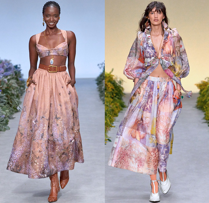 Zimmermann 2021 Spring Summer Womens Runway Catwalk Looks - Wild Botanica Straw Hat Noodle Strap Lace Lingerie Intimates Blouse Babydoll Prairie Dress Gown Flowers Floral Petals Plants Birds Butterflies Trompe L'oeil Lasercut Tiered Peplum Patchwork Strong Poufy Shoulders Puff Sleeves Leg O'Mutton Turtleneck Ruffles Halterneck Cutout Waist Long Skirt Crop Top Midriff Knit Crochet Pompoms Fringes Miniskirt Wide Leg Flare Shorts Crossbody Bag Scarf Boots