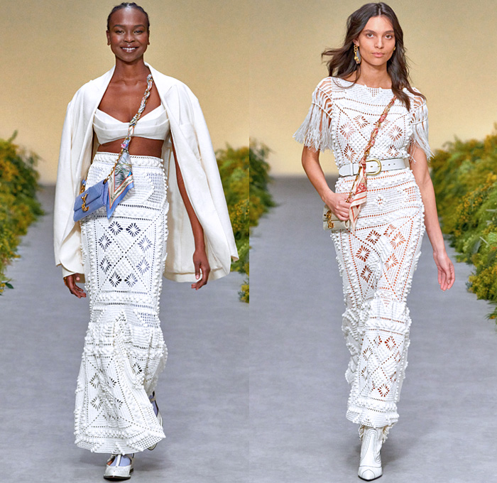 Zimmermann 2021 Spring Summer Womens Runway Catwalk Looks - Wild Botanica Straw Hat Noodle Strap Lace Lingerie Intimates Blouse Babydoll Prairie Dress Gown Flowers Floral Petals Plants Birds Butterflies Trompe L'oeil Lasercut Tiered Peplum Patchwork Strong Poufy Shoulders Puff Sleeves Leg O'Mutton Turtleneck Ruffles Halterneck Cutout Waist Long Skirt Crop Top Midriff Knit Crochet Pompoms Fringes Miniskirt Wide Leg Flare Shorts Crossbody Bag Scarf Boots