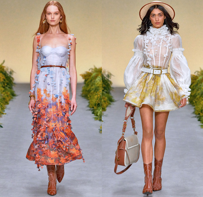 Zimmermann 2021 Spring Summer Womens Runway Catwalk Looks - Wild Botanica Straw Hat Noodle Strap Lace Lingerie Intimates Blouse Babydoll Prairie Dress Gown Flowers Floral Petals Plants Birds Butterflies Trompe L'oeil Lasercut Tiered Peplum Patchwork Strong Poufy Shoulders Puff Sleeves Leg O'Mutton Turtleneck Ruffles Halterneck Cutout Waist Long Skirt Crop Top Midriff Knit Crochet Pompoms Fringes Miniskirt Wide Leg Flare Shorts Crossbody Bag Scarf Boots