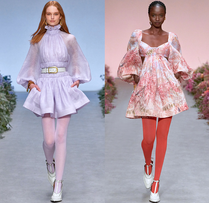 Zimmermann 2021 Spring Summer Womens Runway Catwalk Looks - Wild Botanica Straw Hat Noodle Strap Lace Lingerie Intimates Blouse Babydoll Prairie Dress Gown Flowers Floral Petals Plants Birds Butterflies Trompe L'oeil Lasercut Tiered Peplum Patchwork Strong Poufy Shoulders Puff Sleeves Leg O'Mutton Turtleneck Ruffles Halterneck Cutout Waist Long Skirt Crop Top Midriff Knit Crochet Pompoms Fringes Miniskirt Wide Leg Flare Shorts Crossbody Bag Scarf Boots