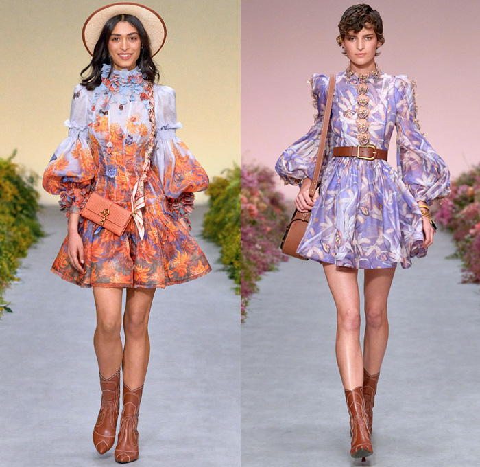 Zimmermann 2021 Spring Summer Womens Runway Catwalk Looks - Wild Botanica Straw Hat Noodle Strap Lace Lingerie Intimates Blouse Babydoll Prairie Dress Gown Flowers Floral Petals Plants Birds Butterflies Trompe L'oeil Lasercut Tiered Peplum Patchwork Strong Poufy Shoulders Puff Sleeves Leg O'Mutton Turtleneck Ruffles Halterneck Cutout Waist Long Skirt Crop Top Midriff Knit Crochet Pompoms Fringes Miniskirt Wide Leg Flare Shorts Crossbody Bag Scarf Boots