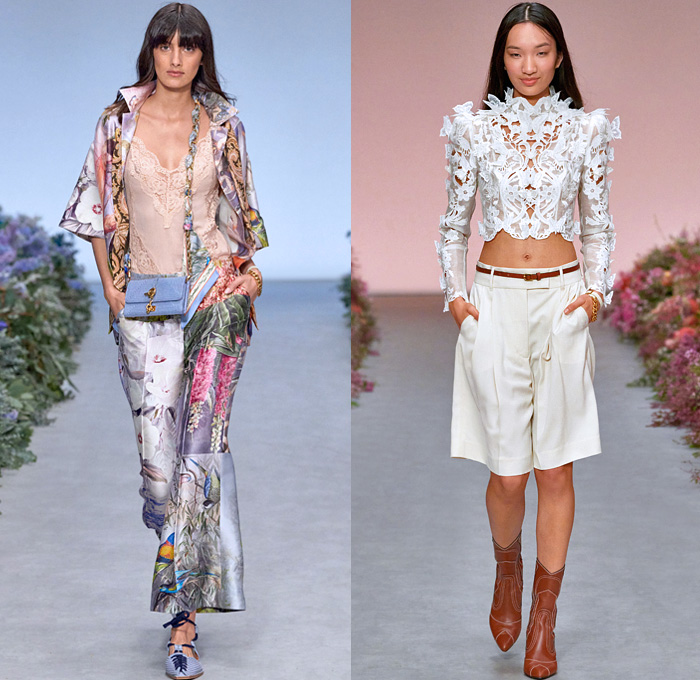 Zimmermann 2021 Spring Summer Womens Runway Catwalk Looks - Wild Botanica Straw Hat Noodle Strap Lace Lingerie Intimates Blouse Babydoll Prairie Dress Gown Flowers Floral Petals Plants Birds Butterflies Trompe L'oeil Lasercut Tiered Peplum Patchwork Strong Poufy Shoulders Puff Sleeves Leg O'Mutton Turtleneck Ruffles Halterneck Cutout Waist Long Skirt Crop Top Midriff Knit Crochet Pompoms Fringes Miniskirt Wide Leg Flare Shorts Crossbody Bag Scarf Boots