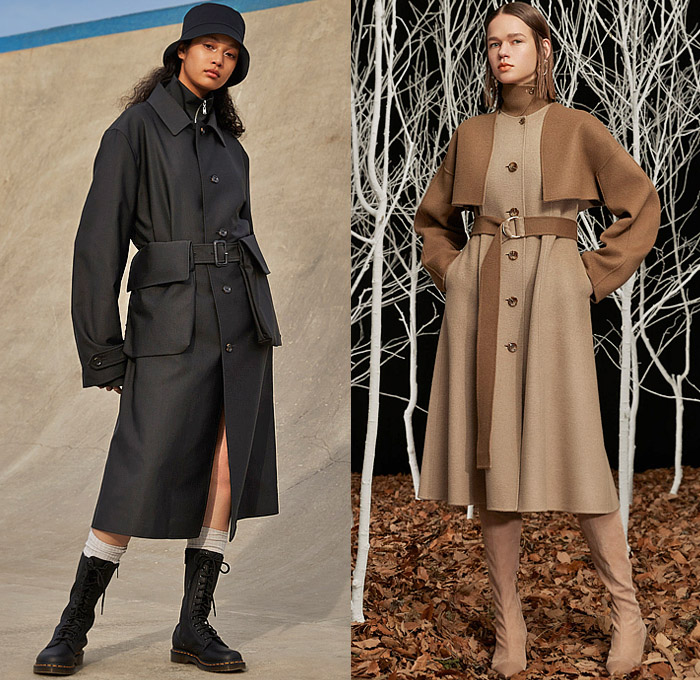 Adeam 2022-2023 Fall Autumn Winter Womens Lookbook Presentation - New York Fashion Week NYFW - Ichi - Trench Coat Cape Cloak Anorak Windbreaker Track Bomber Jacket Pockets Accordion Pleats Quilted Puffer Vest Tabard Hanging Sleeve Buttons Drawstring Leaves Plaid Check Hooks Loops Deconstructed Detachable Turtleneck Knit Cardigan Sweater Pinstripe Tiered Ruffles Blouse Shirtdress Argyle Silk Satin Cross Wrap One Shoulder Dress Wide Leg Palazzo Pants Denim Jeans Bucket Hat Boots