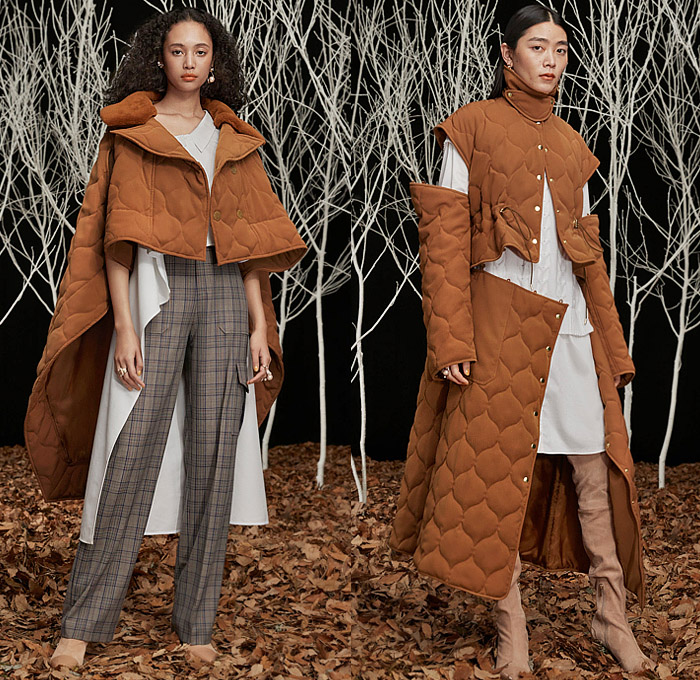 Adeam 2022-2023 Fall Autumn Winter Womens Lookbook Presentation - New York Fashion Week NYFW - Ichi - Trench Coat Cape Cloak Anorak Windbreaker Track Bomber Jacket Pockets Accordion Pleats Quilted Puffer Vest Tabard Hanging Sleeve Buttons Drawstring Leaves Plaid Check Hooks Loops Deconstructed Detachable Turtleneck Knit Cardigan Sweater Pinstripe Tiered Ruffles Blouse Shirtdress Argyle Silk Satin Cross Wrap One Shoulder Dress Wide Leg Palazzo Pants Denim Jeans Bucket Hat Boots