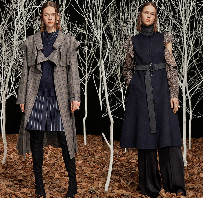 Adeam 2022-2023 Fall Autumn Winter Womens Lookbook Presentation - New York Fashion Week NYFW - Ichi - Trench Coat Cape Cloak Anorak Windbreaker Track Bomber Jacket Pockets Accordion Pleats Quilted Puffer Vest Tabard Hanging Sleeve Buttons Drawstring Leaves Plaid Check Hooks Loops Deconstructed Detachable Turtleneck Knit Cardigan Sweater Pinstripe Tiered Ruffles Blouse Shirtdress Argyle Silk Satin Cross Wrap One Shoulder Dress Wide Leg Palazzo Pants Denim Jeans Bucket Hat Boots