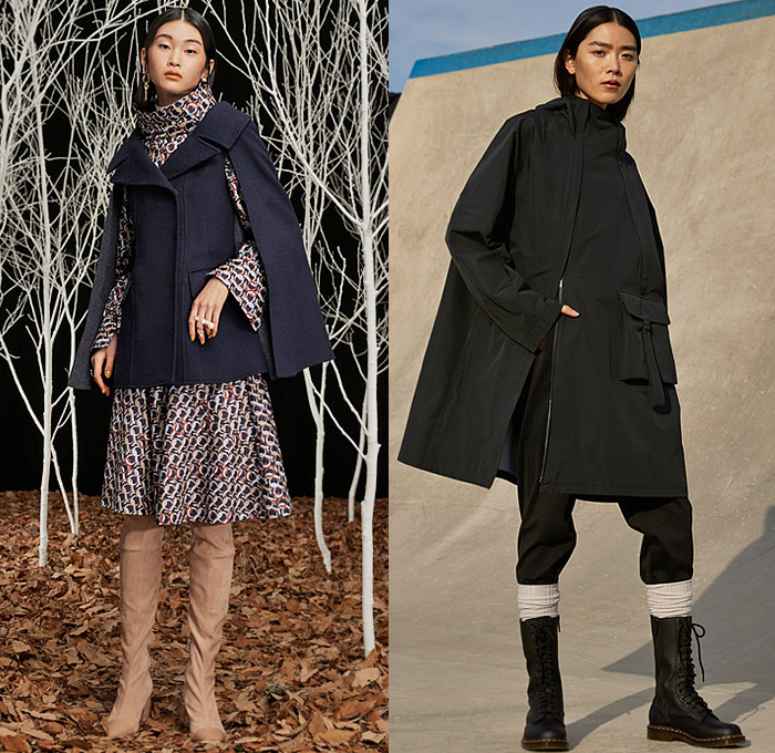 Adeam 2022-2023 Fall Autumn Winter Womens Lookbook Presentation - New York Fashion Week NYFW - Ichi - Trench Coat Cape Cloak Anorak Windbreaker Track Bomber Jacket Pockets Accordion Pleats Quilted Puffer Vest Tabard Hanging Sleeve Buttons Drawstring Leaves Plaid Check Hooks Loops Deconstructed Detachable Turtleneck Knit Cardigan Sweater Pinstripe Tiered Ruffles Blouse Shirtdress Argyle Silk Satin Cross Wrap One Shoulder Dress Wide Leg Palazzo Pants Denim Jeans Bucket Hat Boots