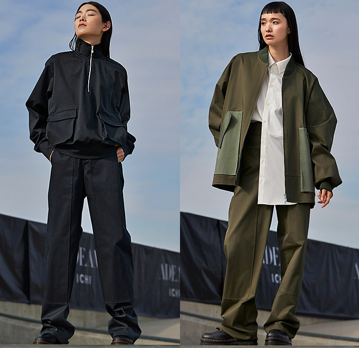 Adeam 2022-2023 Fall Autumn Winter Womens Lookbook Presentation - New York Fashion Week NYFW - Ichi - Trench Coat Cape Cloak Anorak Windbreaker Track Bomber Jacket Pockets Accordion Pleats Quilted Puffer Vest Tabard Hanging Sleeve Buttons Drawstring Leaves Plaid Check Hooks Loops Deconstructed Detachable Turtleneck Knit Cardigan Sweater Pinstripe Tiered Ruffles Blouse Shirtdress Argyle Silk Satin Cross Wrap One Shoulder Dress Wide Leg Palazzo Pants Denim Jeans Bucket Hat Boots