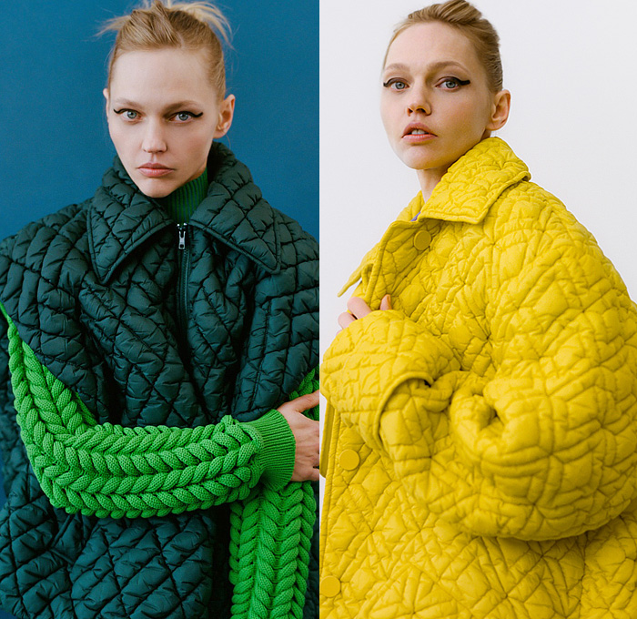 Aknvas by Christian Juul Nielsen 2022-2023 Fall Autumn Winter Womens Lookbook Presentation - New York Fashion Week NYFW American Collections Calendar - Chunky Knit Weave Sweater Turtleneck Bedazzled Adorned Tiles Mirrors Oversleeve Quilted Puffer Oversized Vest Coat Fur Cargo Pants Pantsuit Blazer Jacket Bra Cones Vegan Leather Laces Shirtdress Shift Dress Gown Cinch Drawstring Poufy Shoulders Puff Sleeves Boots