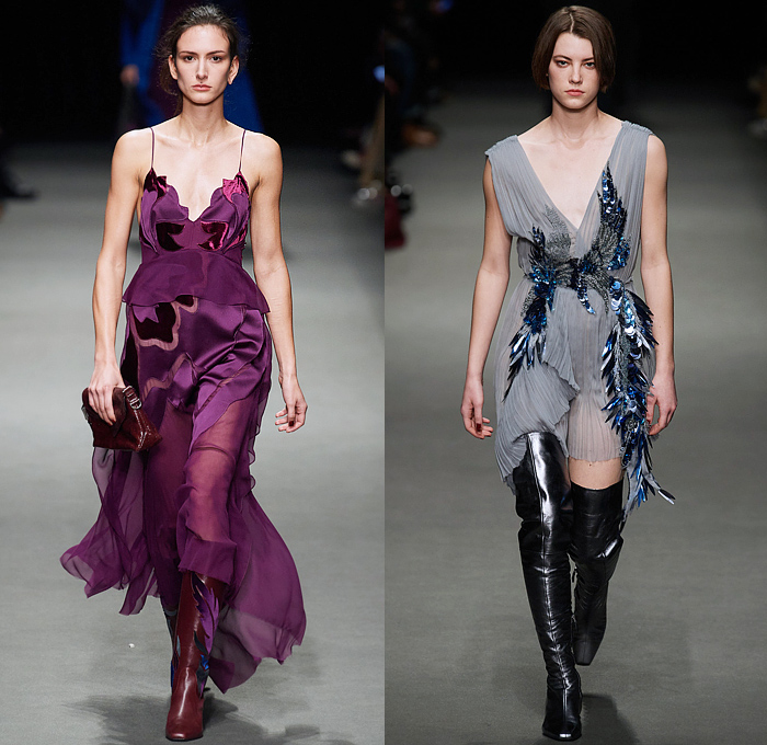 Alberta Ferretti 2022-2023 Fall Autumn Winter Womens Runway Looks - Milano Moda Donna Milan Fashion Week Italy - Noodle Strap Maxi Dress Gown One Shoulder Sheer Chiffon Ruffles Frills Tiered Bedazzled Sequins Paillettes Lace Embroidery Metallic Triangular Tiles Feathers Wings Pleats Velvet Pantsuit Fur Pussy Bow Knit Crochet Sweater Trench Coat Leather Hood Onesie Jumpsuit Coveralls Unitard Landscape Ocean Waves Shawl Skirt Silk Satin Flowers Floral Wide Leg Handbag Boots Gladiators