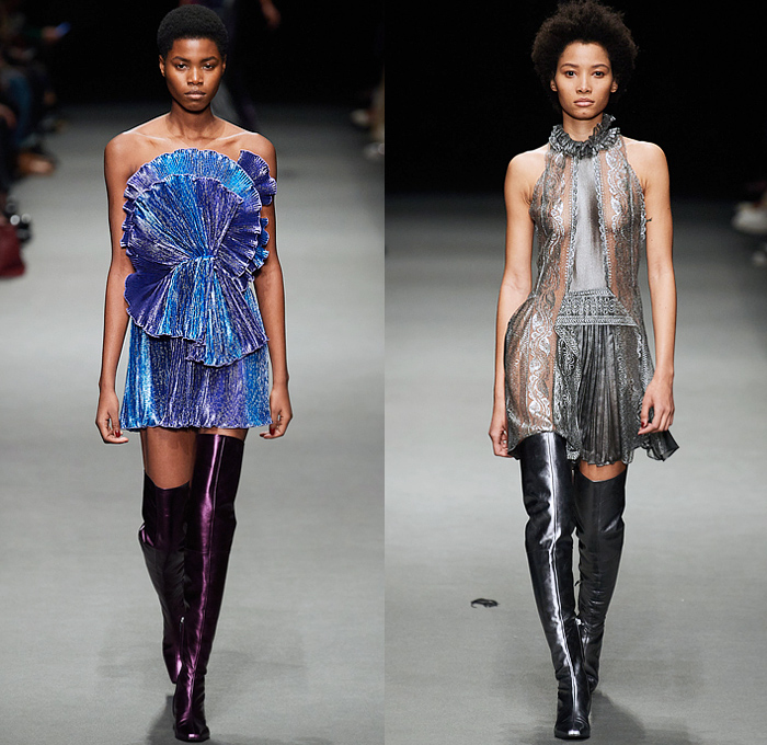 Alberta Ferretti 2022-2023 Fall Autumn Winter Womens Runway Looks - Milano Moda Donna Milan Fashion Week Italy - Noodle Strap Maxi Dress Gown One Shoulder Sheer Chiffon Ruffles Frills Tiered Bedazzled Sequins Paillettes Lace Embroidery Metallic Triangular Tiles Feathers Wings Pleats Velvet Pantsuit Fur Pussy Bow Knit Crochet Sweater Trench Coat Leather Hood Onesie Jumpsuit Coveralls Unitard Landscape Ocean Waves Shawl Skirt Silk Satin Flowers Floral Wide Leg Handbag Boots Gladiators