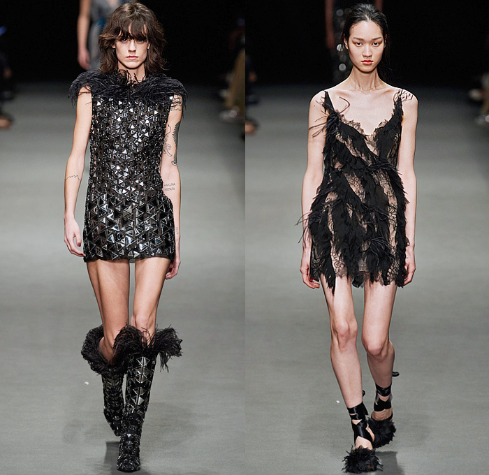 Alberta Ferretti 2022-2023 Fall Autumn Winter Womens Runway Looks - Milano Moda Donna Milan Fashion Week Italy - Noodle Strap Maxi Dress Gown One Shoulder Sheer Chiffon Ruffles Frills Tiered Bedazzled Sequins Paillettes Lace Embroidery Metallic Triangular Tiles Feathers Wings Pleats Velvet Pantsuit Fur Pussy Bow Knit Crochet Sweater Trench Coat Leather Hood Onesie Jumpsuit Coveralls Unitard Landscape Ocean Waves Shawl Skirt Silk Satin Flowers Floral Wide Leg Handbag Boots Gladiators