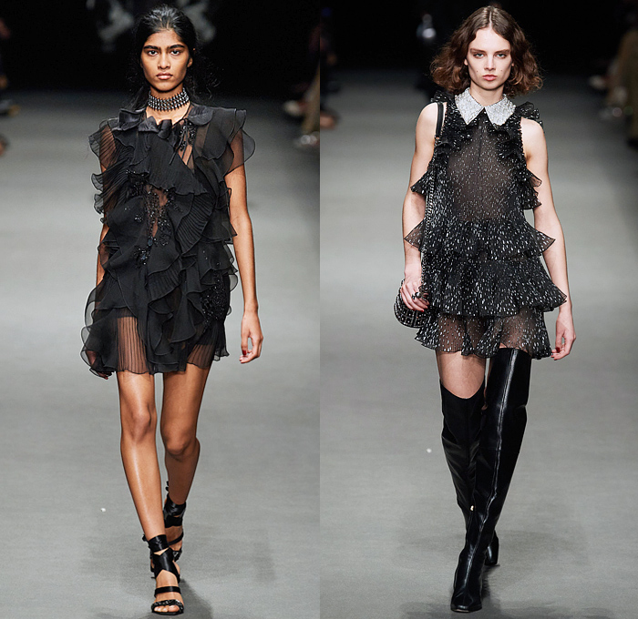 Alberta Ferretti 2022-2023 Fall Autumn Winter Womens Runway Looks - Milano Moda Donna Milan Fashion Week Italy - Noodle Strap Maxi Dress Gown One Shoulder Sheer Chiffon Ruffles Frills Tiered Bedazzled Sequins Paillettes Lace Embroidery Metallic Triangular Tiles Feathers Wings Pleats Velvet Pantsuit Fur Pussy Bow Knit Crochet Sweater Trench Coat Leather Hood Onesie Jumpsuit Coveralls Unitard Landscape Ocean Waves Shawl Skirt Silk Satin Flowers Floral Wide Leg Handbag Boots Gladiators