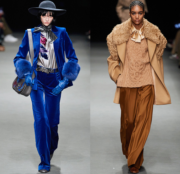 Alberta Ferretti 2022-2023 Fall Autumn Winter Womens Runway Looks - Milano Moda Donna Milan Fashion Week Italy - Noodle Strap Maxi Dress Gown One Shoulder Sheer Chiffon Ruffles Frills Tiered Bedazzled Sequins Paillettes Lace Embroidery Metallic Triangular Tiles Feathers Wings Pleats Velvet Pantsuit Fur Pussy Bow Knit Crochet Sweater Trench Coat Leather Hood Onesie Jumpsuit Coveralls Unitard Landscape Ocean Waves Shawl Skirt Silk Satin Flowers Floral Wide Leg Handbag Boots Gladiators