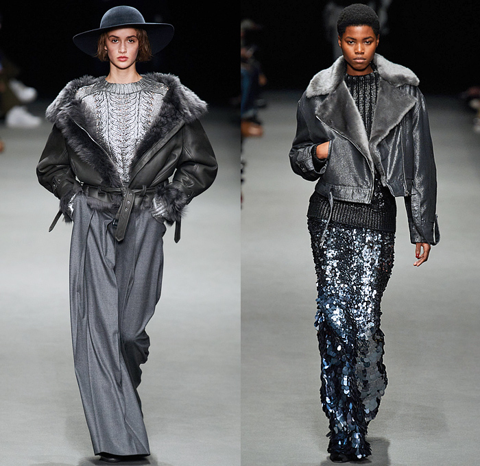 Alberta Ferretti 2022-2023 Fall Autumn Winter Womens Runway Looks - Milano Moda Donna Milan Fashion Week Italy - Noodle Strap Maxi Dress Gown One Shoulder Sheer Chiffon Ruffles Frills Tiered Bedazzled Sequins Paillettes Lace Embroidery Metallic Triangular Tiles Feathers Wings Pleats Velvet Pantsuit Fur Pussy Bow Knit Crochet Sweater Trench Coat Leather Hood Onesie Jumpsuit Coveralls Unitard Landscape Ocean Waves Shawl Skirt Silk Satin Flowers Floral Wide Leg Handbag Boots Gladiators