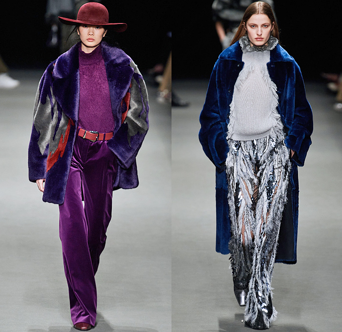 Alberta Ferretti 2022-2023 Fall Autumn Winter Womens Runway Looks - Milano Moda Donna Milan Fashion Week Italy - Noodle Strap Maxi Dress Gown One Shoulder Sheer Chiffon Ruffles Frills Tiered Bedazzled Sequins Paillettes Lace Embroidery Metallic Triangular Tiles Feathers Wings Pleats Velvet Pantsuit Fur Pussy Bow Knit Crochet Sweater Trench Coat Leather Hood Onesie Jumpsuit Coveralls Unitard Landscape Ocean Waves Shawl Skirt Silk Satin Flowers Floral Wide Leg Handbag Boots Gladiators